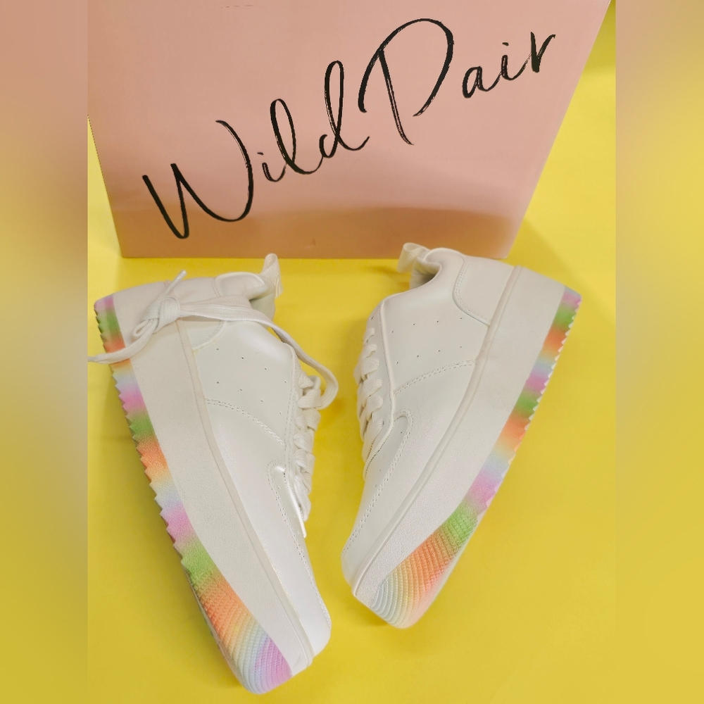 Wild Pair Women's White Sneakers with Rainbow Soles